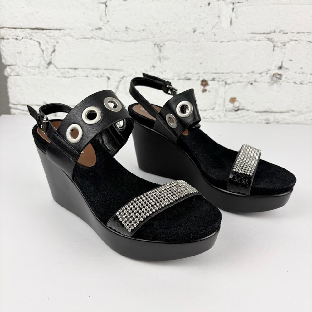Donald Pliner Jerri Black Studded Embellished Rivet Wedge Heeled Sandals 5.5